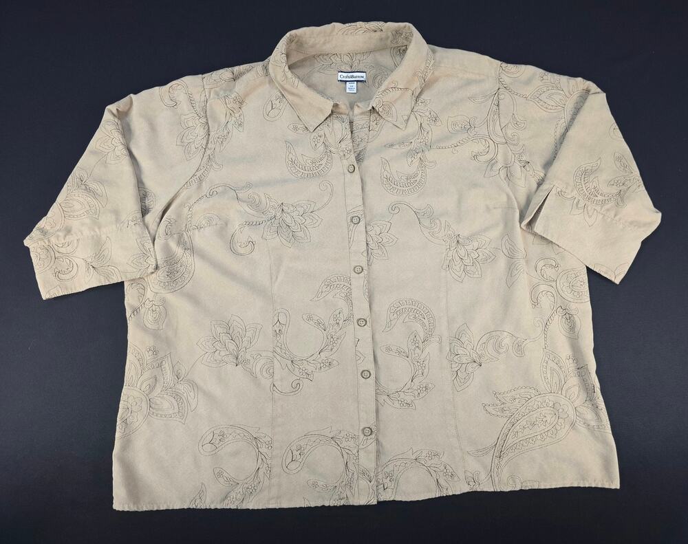 Croft & Barrow Women's 3X Beige Paisley Button Front Blouse Short Sleeve Top